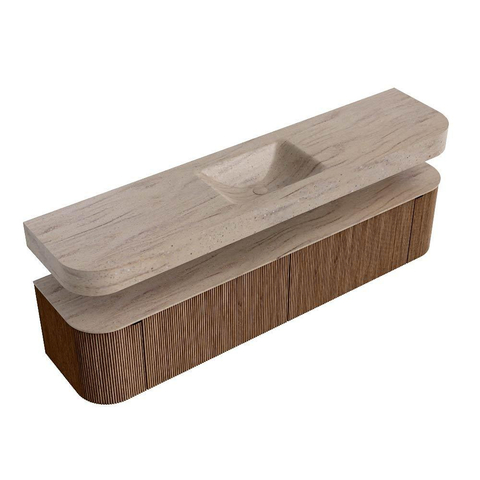MONDIAZ THOR-DLUX 200cm meuble de salle de bains arrondi gauche + droite couleur Walnut avec 2 tiroirs et 2 portes. Vasque suspendue CLOUD Milieu sans trou de robinet couleur Saba. SW1467225