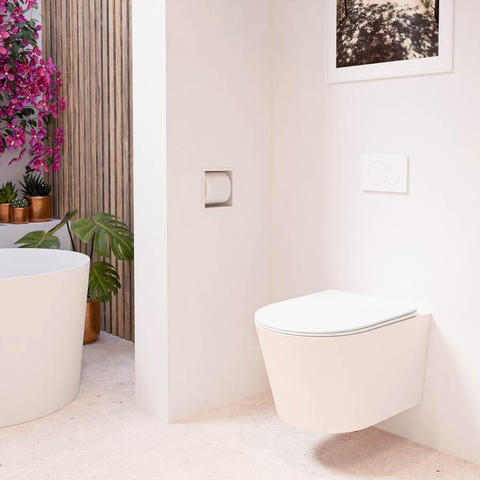 Mondiaz LAVIE hangtoilet – spoelrandloos – 36 x 53 cm – met softclose zitting – Rosee (roze), zitting Talc (wit) SW1208792