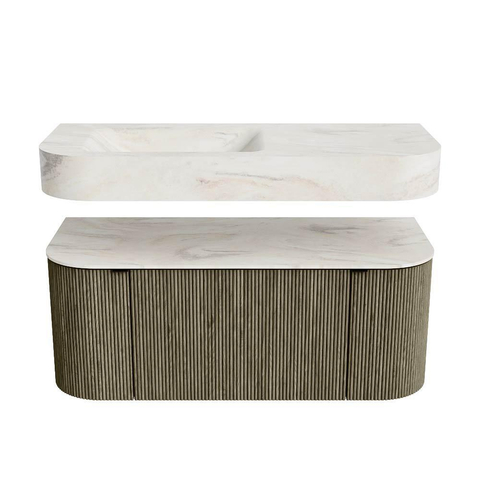 MONDIAZ THOR-DLUX 110cm meuble de salle de bains arrondi gauche + droite couleur Shadow avec 1 tiroir et 2 portes. Vasque suspendue CLOUD Gauche sans trou de robinet couleur Ostra. SW1462868