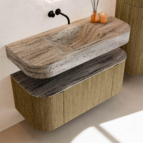 MONDIAZ THOR-DLUX 110cm meuble de salle de bains arrondi gauche + droite couleur Dusk avec 1 tiroir et 2 portes. Vasque suspendue CLOUD Centre sans trou de robinet couleur Oza. SW1463045