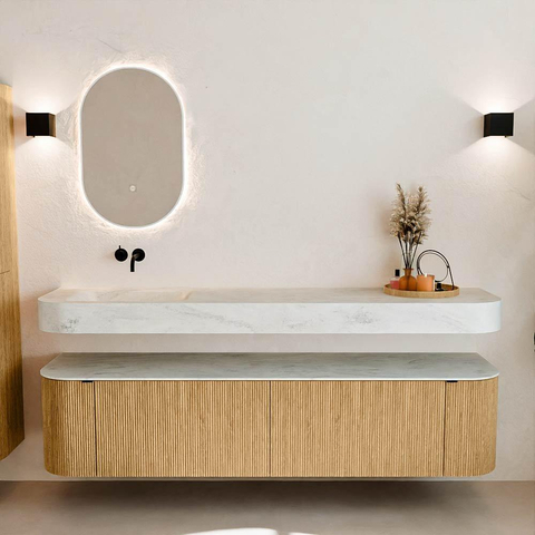 MONDIAZ THOR-DLUX Meuble de salle de bains - 190cm - arrondi gauche + droite - couleur Oak - 2 tiroirs et 2 portes - Vasque suspendue CLOUD gauche sans trou de robinet - couleur Opalo SW1466392