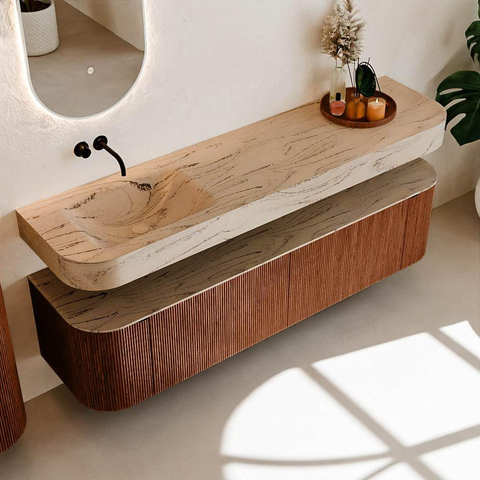 MONDIAZ THOR-DLUX Meuble de salle de bains 180cm arrondi gauche + droite couleur Ruby avec 2 tiroirs et 2 portes. Vasque suspendue CLOUD Gauche sans trou de robinet couleur Arena. SW1466157