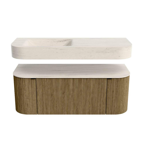 MONDIAZ THOR-DLUX 120cm meuble de salle de bains arrondi gauche + droite couleur Dusk avec 1 tiroir et 2 portes. Vasque suspendue CLOUD gauche 1 trou de robinet couleur Meli. SW1463308