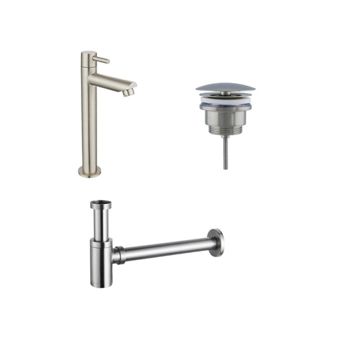 Fortifura Calvi Fonteinkraanset - staande fonteinkraan hoog - always open plug - design sifon - Geborsteld RVS PVD (RVS) SW1592650
