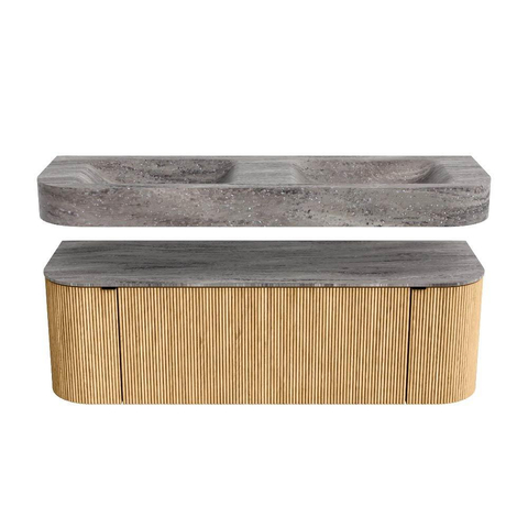 MONDIAZ THOR-DLUX 140cm badmeubel ronding links + rechts kleur Oak met 1 lade en 2 deuren. Vrijhangende wastafel CLOUD Dubbel zonder kraangat kleur Oza. SW1464254