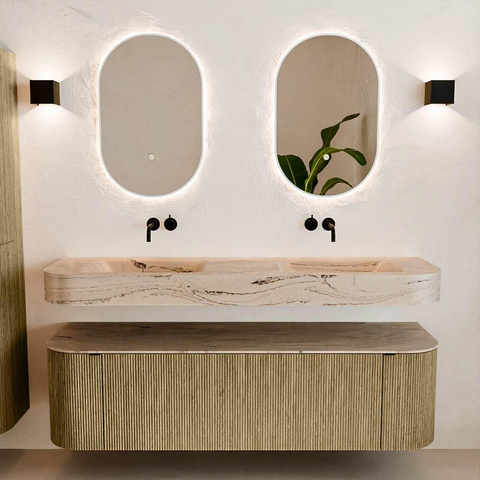 MONDIAZ THOR-DLUX 160cm meuble de salle de bains arrondi gauche + droite couleur Dusk avec 1 tiroir et 2 portes. Vasque suspendue CLOUD Double sans trou de robinet couleur Arena. SW1465119