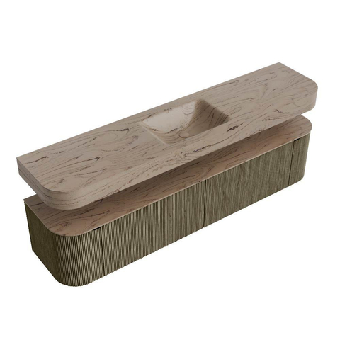 MONDIAZ THOR-DLUX 200cm meuble de salle de bains arrondi gauche + droite couleur Shadow avec 2 tiroirs et 2 portes. Vasque suspendue CLOUD Milieu sans trou de robinet couleur Arena. SW1467091