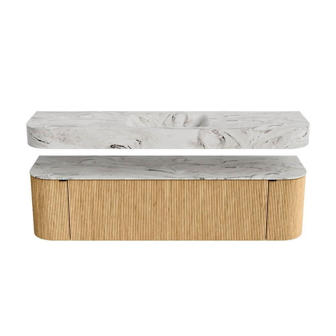 MONDIAZ THOR-DLUX Meuble de salle de bains 170cm arrondi gauche + droite couleur Oak avec 1 tiroir et 2 portes. Vasque suspendue CLOUD Milieu 1 trou de robinet couleur Glace. SW1465425