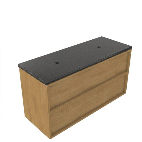 Saniclass Holz Frame Ensemble meuble de salle de bains - 120x45x63cm - Vasque en basalte Noche polie - 1 vasque - sans trou de robinetterie - 2 tiroirs - chêne natural mat (bois) SW1579910