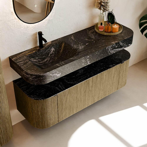 MONDIAZ THOR-DLUX 140cm meuble de salle de bains arrondi gauche + droite couleur Dusk avec 1 tiroir et 2 portes. Vasque suspendue CLOUD Gauche 1 trou de robinet couleur Lava. SW1464230