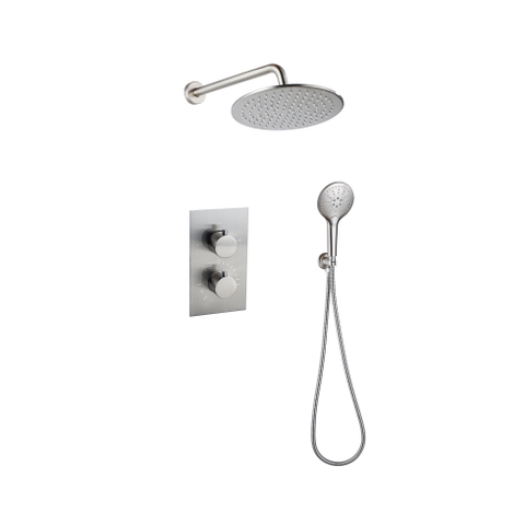 FugaFlow Eccelente Acces Ensemble de douche de tête encastré - thermostatique - bras mural - douche de tête 25cm - douchette ronde - flexible de douche métallique - inox brossé PVD SW1450655