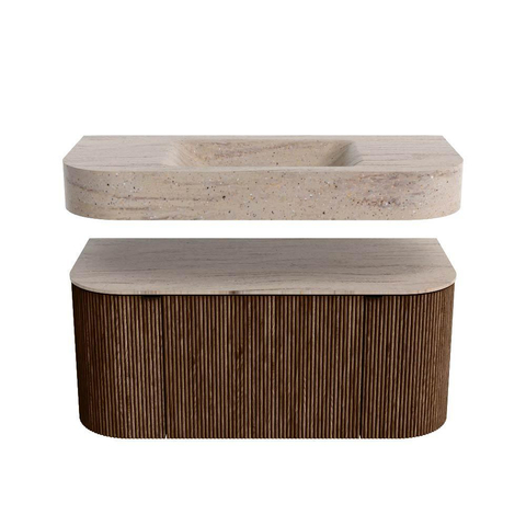 MONDIAZ THOR-DLUX 100cm badmeubel ronding links + rechts kleur Walnut met 1 lade en 2 deuren. Vrijhangende wastafel CLOUD Midden zonder kraangat kleur Saba. SW1467555