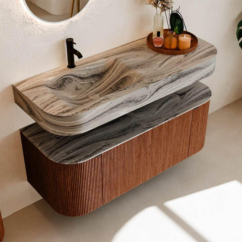MONDIAZ THOR-DLUX 120cm meuble de salle de bains arrondi gauche + droite couleur Ruby avec 1 tiroir et 2 portes. Vasque suspendue CLOUD Gauche 1 trou de robinet couleur Sombra. SW1463658