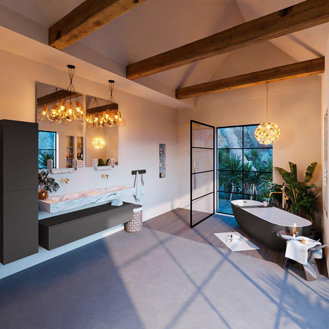 Mondiaz ALAN-DLUX Ensemble de meuble - 150cm - meuble Dark grey mat - 1 tiroir - Lavabo Cloud Glace suspendu - vasque Gauche et droite - 0 trous de robinet SW805708