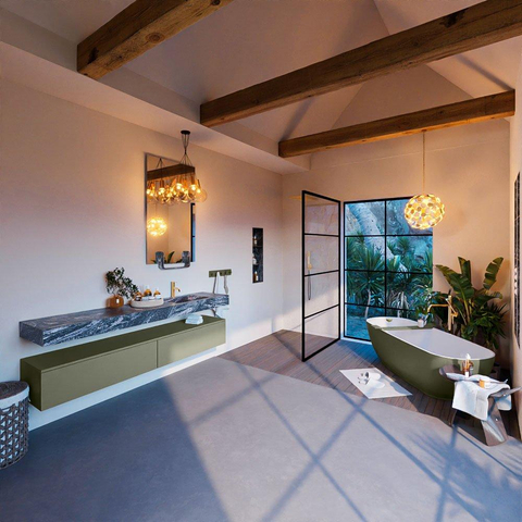 Mondiaz ALAN-DLUX Ensemble de meuble - 200cm - meuble Army mat - 2 tiroirs - Lavabo Cloud Lava suspendu - vasque Droite - 1 trou de robinet SW808466