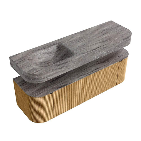 MONDIAZ THOR-DLUX 150cm badmeubel ronding links + rechts kleur Oak met 1 lade en 2 deuren. Vrijhangende wastafel CLOUD Links 1 kraangat kleur Oza. SW1464842