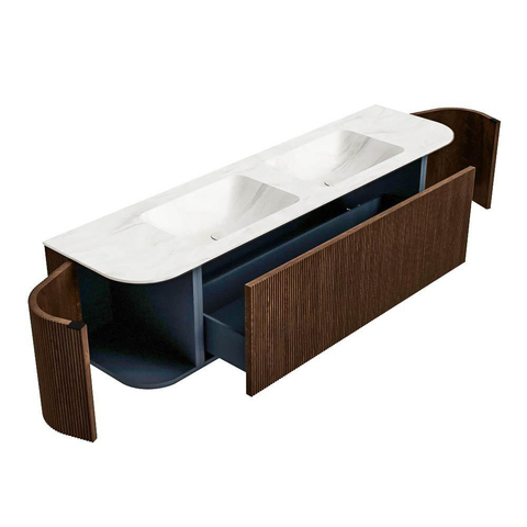 MONDIAZ KURVE-DLUX meuble de salle de bains 170 cm avec module 25 Len R couleur Walnut avec 1 tiroir et 2 portes. Plan-vasque LEAF double 2 trous de robinet couleur Ostra. SW1137858