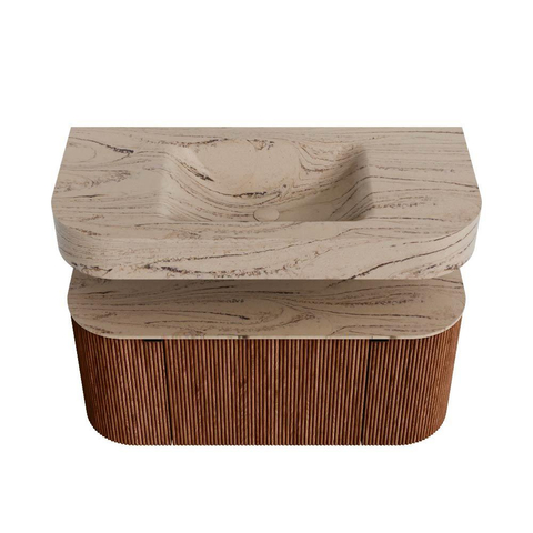 MONDIAZ THOR-DLUX 100cm meuble de salle de bains arrondi gauche + droite couleur Ruby avec 1 tiroir et 2 portes. Vasque suspendue CLOUD Milieu sans trou de robinet couleur Arena. SW1467456
