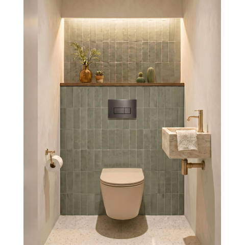 QeramiQ Dely Swirl Toiletset - 36.3x51.7cm - Geberit UP320 inbouwreservoir - met Burda frame - slim zitting - gunmetal bedieningsplaat - rechthoekige knoppen - beige SW1130219