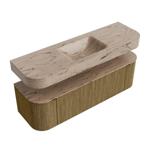 MONDIAZ THOR-DLUX 150cm meuble de salle de bains arrondi gauche + droite couleur Dusk avec 1 tiroir et 2 portes. Vasque suspendue CLOUD Milieu 1 trou de robinet couleur Arena. SW1464736