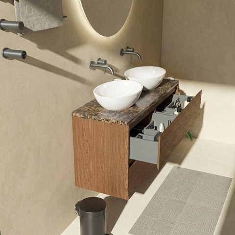 Saniclass Holz Pure Badkamermeubelset - 120x45x63cm - Noche natuurstenen topblad dark emperador - zonder kraangat - 4 lades - mat walnut pure (hout) SW1478302
