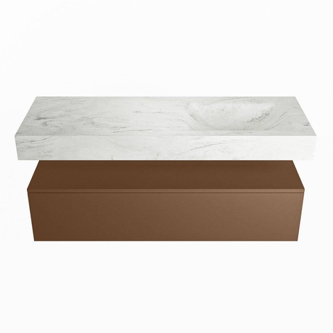 Mondiaz ALAN-DLUX Ensemble de meuble - 130cm - meuble Rust mat - 1 tiroir - Lavabo Cloud Opalo suspendu - vasque Droite - 0 trous de robinet SW806482