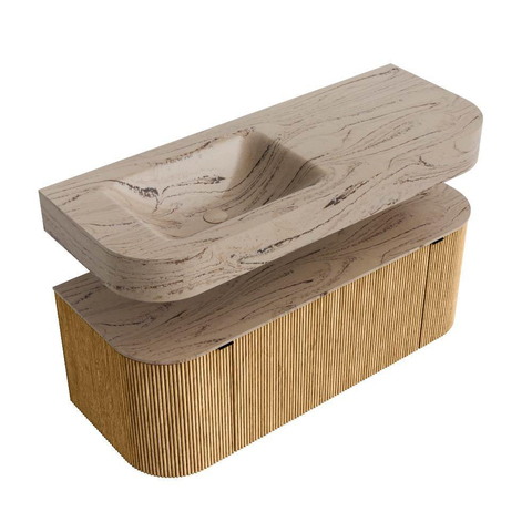 MONDIAZ THOR-DLUX Meuble de salle de bains 120cm arrondi gauche + droite couleur Oak avec 1 tiroir et 2 portes. Vasque suspendue CLOUD Gauche 1 trou de robinet couleur Arena. SW1463400
