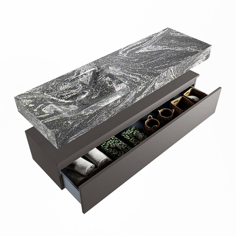 Mondiaz ALAN-DLUX Ensemble de meuble - 150cm - meuble Dark grey mat - 1 tiroir - Lavabo Cloud Lava suspendu - vasque Gauche - 0 trous de robinet SW808165