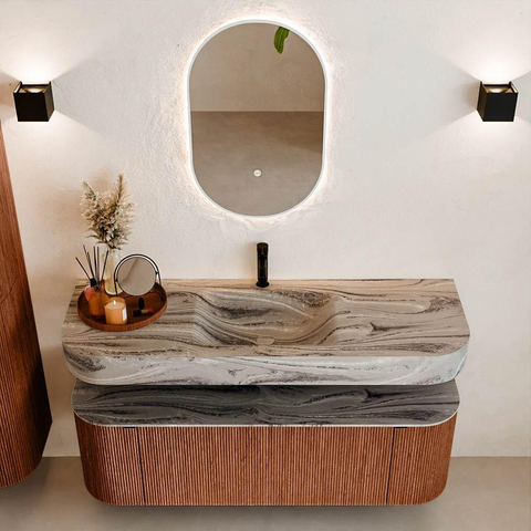 MONDIAZ THOR-DLUX 140cm meuble de salle de bains arrondi gauche + droite couleur Ruby avec 1 tiroir et 2 portes. Vasque suspendue CLOUD Milieu 1 trou de robinet couleur Sombra. SW1464228