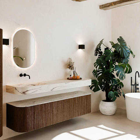 MONDIAZ THOR-DLUX Meuble de salle de bains 180cm arrondi gauche + droite couleur Walnut avec 2 tiroirs et 2 portes. Vasque suspendue CLOUD Gauche sans trou de robinet couleur Nata. SW1466206