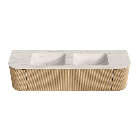 MONDIAZ KURVE-DLUX 170cm badmeubel ronding Links + Rechts kleur Oak met 1 lade en 2 deuren. Wastafel LEAF Dubbel zonder kraangat Meli. SW1431636