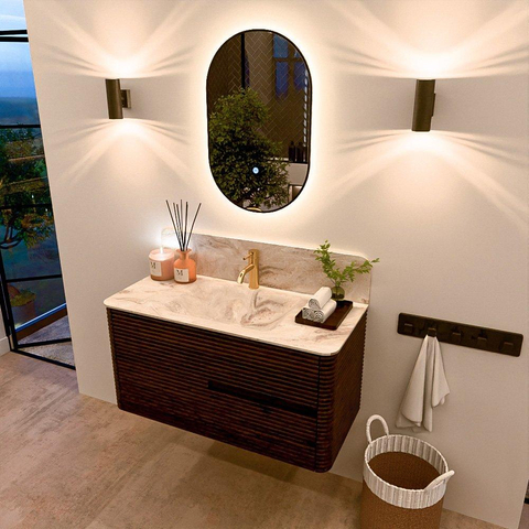 Mondiaz CIRO-DLUX Badkamermeubelset - 100x45x50cm - Solid surface wastafel Frappe - 1 wasbak Midden - 1 kraangat - 2 lades - Walnut SW1530271