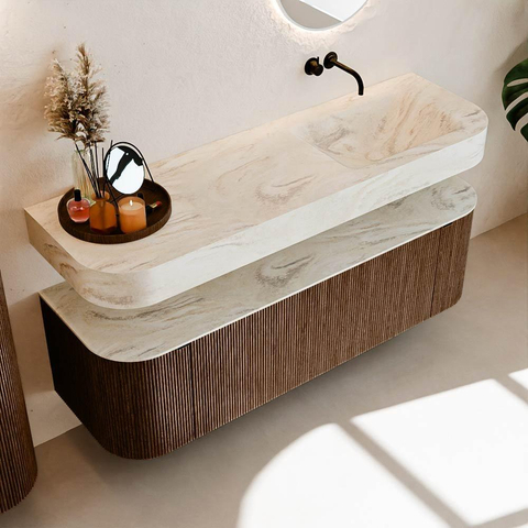 MONDIAZ THOR-DLUX 150cm meuble de salle de bains arrondi gauche + droite couleur Walnut avec 1 tiroir et 2 portes. Vasque suspendue CLOUD droite sans trou de robinet couleur Ostra. SW1464475