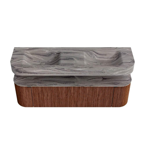 MONDIAZ THOR-DLUX 160cm meuble de salle de bains arrondi gauche + droite couleur Ruby avec 1 tiroir et 2 portes. Vasque suspendue CLOUD Double sans trou de robinet couleur Sombra. SW1465403