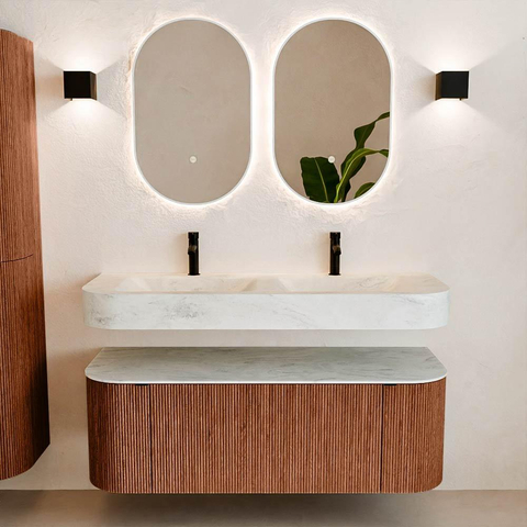MONDIAZ THOR-DLUX 130cm meuble de salle de bains arrondi gauche + droite couleur Ruby avec 1 tiroir et 2 portes. Vasque suspendue CLOUD Double 2 trous de robinet couleur Opalo. SW1463707