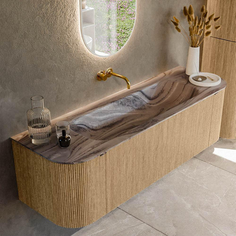 MONDIAZ KURVE-DLUX 150cm badmeubel ronding Links + Rechts kleur Oak met 1 lade en 2 deuren. Wastafel BIG MEDIUM Midden zonder kraangat Sombra. SW1433562