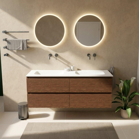 Saniclass Holz Pure Ensemble de meubles de salle de bains - 160x45x61.5cm - Flow lavabo en solid surface blanc - 2 vasques - sans trous de robinetterie - 4 tiroirs - walnut pure mat (bois) SW1478456