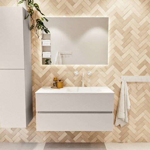 MONDIAZ VICA Ensemble meuble de salle de bains - 100cm - sous-meuble linen - 2 tiroirs - lavabo cloud à droite - 1 trou de robinet - version haute 60cm - talc SW1084098