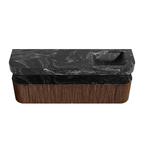MONDIAZ THOR-DLUX 180cm badmeubel ronding links + rechts kleur Walnut met 2 lades en 2 deuren. Vrijhangende wastafel CLOUD Rechts zonder kraangat kleur Lava. SW1465955