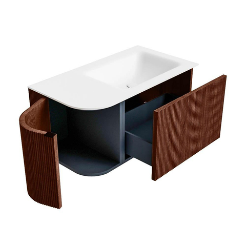 Mondiaz KURVE Badkamermeubelset - 85x46x40cm - 1 lade - 1 deur - wastafel solid surface - rechts - zonder kraangat - Ruby SW1415573