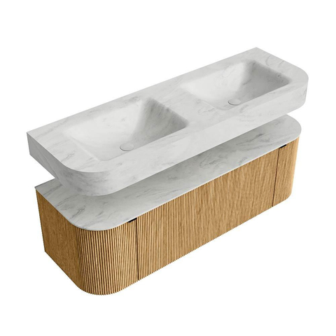 MONDIAZ THOR-DLUX 140cm badmeubel ronding links + rechts kleur Oak met 1 lade en 2 deuren. Vrijhangende wastafel CLOUD Dubbel zonder kraangat kleur Opalo. SW1463973