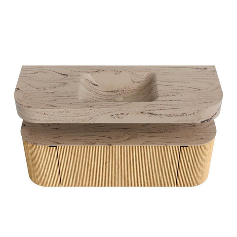 MONDIAZ THOR-DLUX Meuble de salle de bains 130cm arrondi gauche + droite couleur Oak avec 1 tiroir et 2 portes. Vasque suspendue CLOUD Milieu 1 trou de robinet couleur Arena. SW1463755