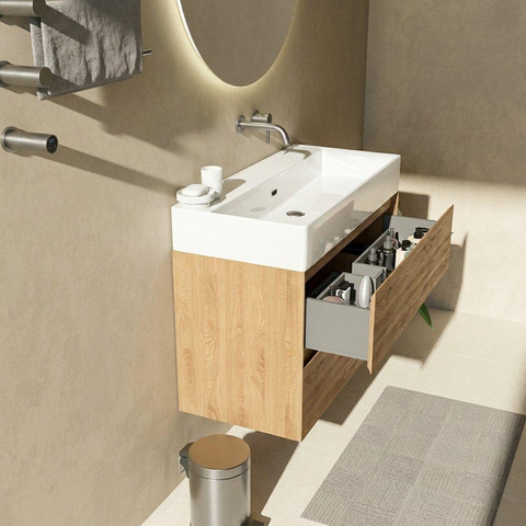 Saniclass Holz Pure Badkamermeubelset - 100x45x72cm - Legend keramische wastafel wit - 1 wasbak - zonder kraangat - 2 lades - mat eiken natural (hout) SW1478485
