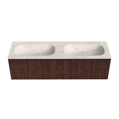 MONDIAZ KURVE-DLUX Meuble de salle de bains 150cm couleur Walnut avec 2 tiroirs et 0 portes. Plan-vasque STOR SMALL Double 2 trous de robinet Meli. SW1431741