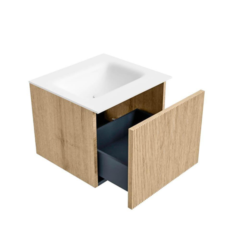 MONDIAZ KURVE Meuble de salle de bains 50cm couleur Oak avec 1 tiroir. Lavabo GRUNNE central 1 trou de robinet Talc. SW1138137