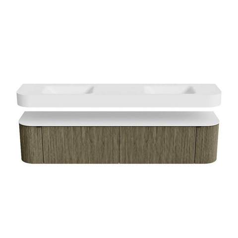 MONDIAZ THOR Meuble de salle de bains 200cm arrondi gauche + droite couleur Shadow avec 2 tiroirs et 2 portes. Vasque suspendue CLOUD Double 2 trous de robinet couleur Talc. SW1466922