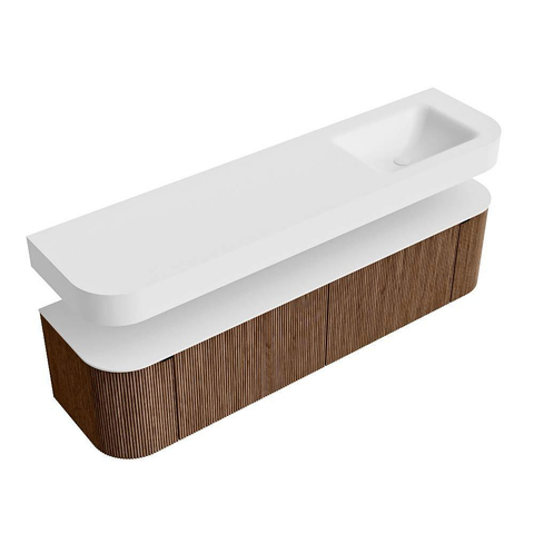MONDIAZ THOR 180cm badmeubel ronding links + rechts kleur Walnut met 2 lades en 2 deuren. Vrijhangende wastafel CLOUD Rechts zonder kraangat kleur Talc. SW1465914