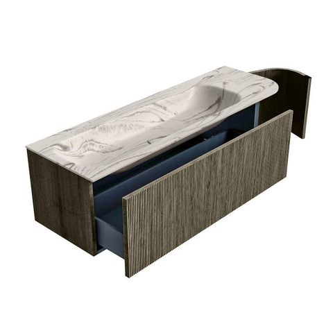 MONDIAZ KURVE-DLUX meuble de salle de bains 145cm arrondi Droite couleur Shadow avec 1 tiroir et 1 porte. Lavabo BIG LARGE Gauche 2 trous de robinet Nata. SW1432311
