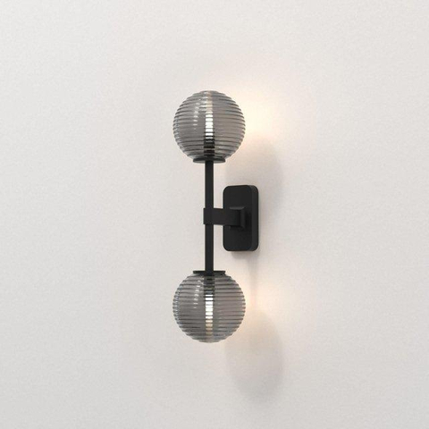 Astro Tacoma Twin Wandlamp/Plafondlamp - 230V - IP44 - bol - geribbeld - smoke glas - mat zwart SW1569678