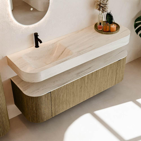 MONDIAZ THOR-DLUX 150cm meuble de salle de bains arrondi gauche + droite couleur Dusk avec 1 tiroir et 2 portes. Vasque suspendue CLOUD Gauche 1 trou de robinet couleur Meli. SW1464760